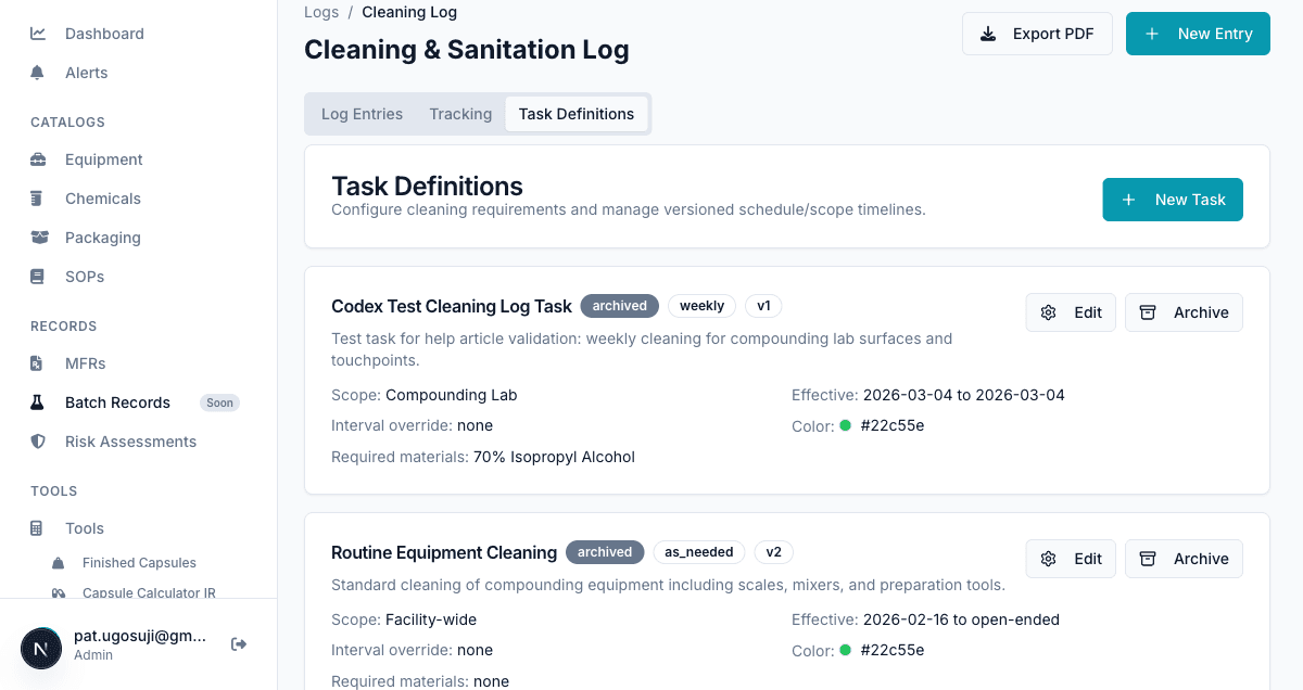 Task Definitions tab in Cleaning Log