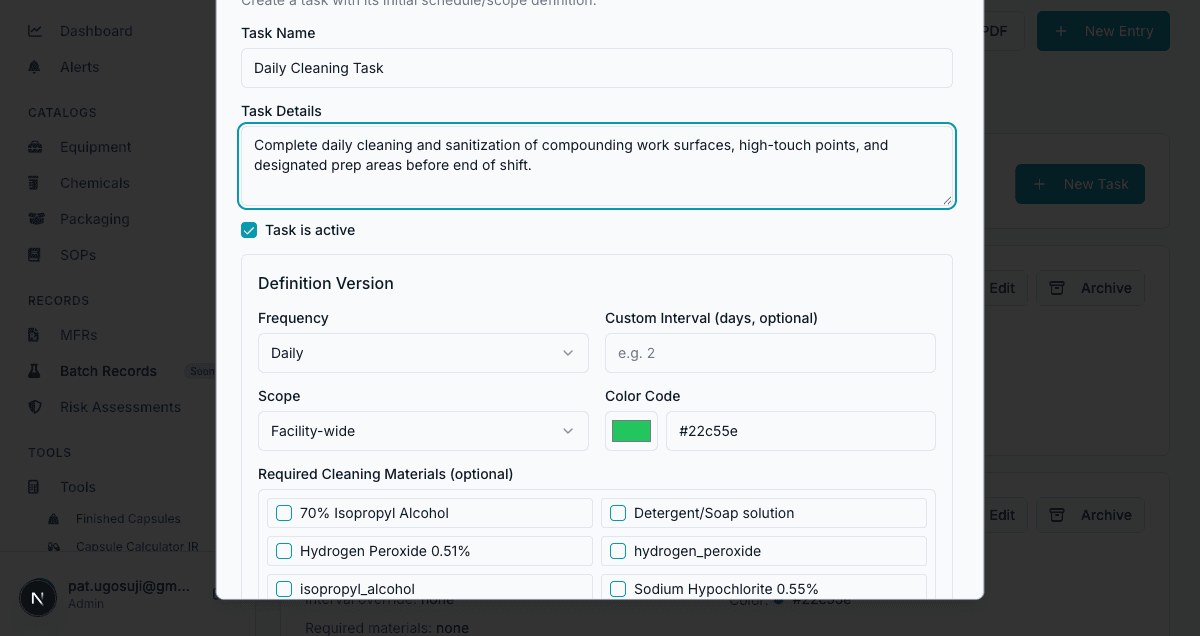 Create Cleaning Task modal with fields filled