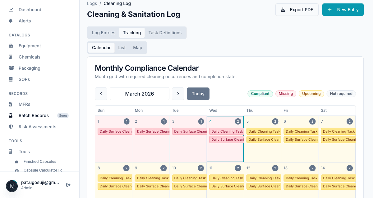 Tracking calendar showing Daily Cleaning Task upcoming entries
